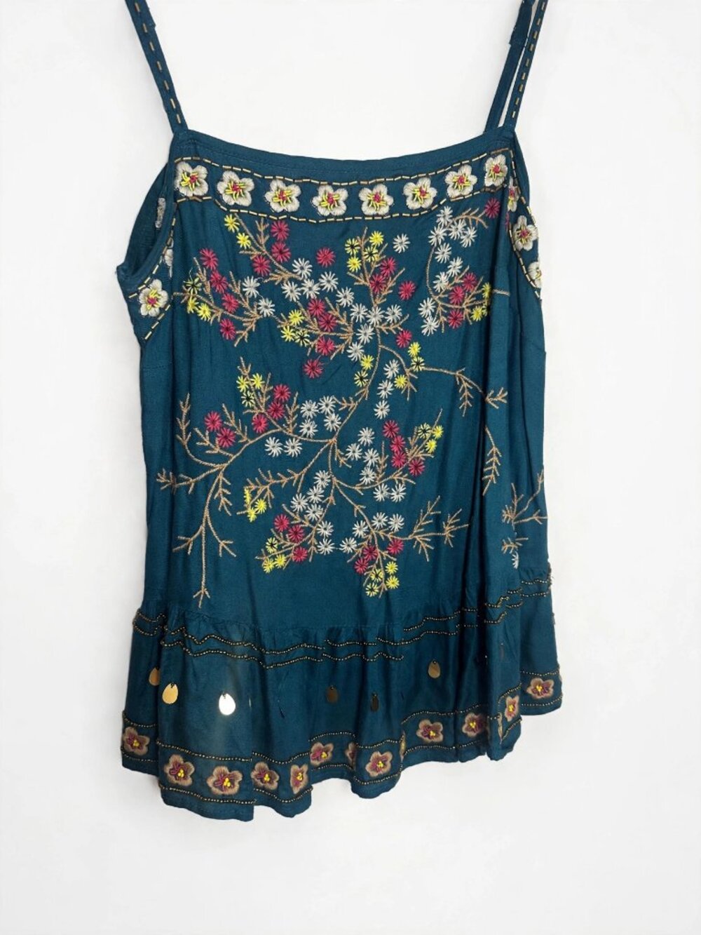 Anthropologie Teal Floral Embroidered Beaded Cami XS